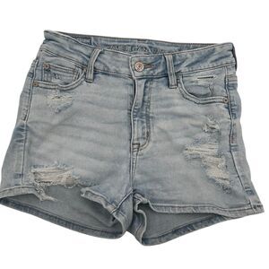 American Eagle light wash distressed high rise shortie denim shorts size 0